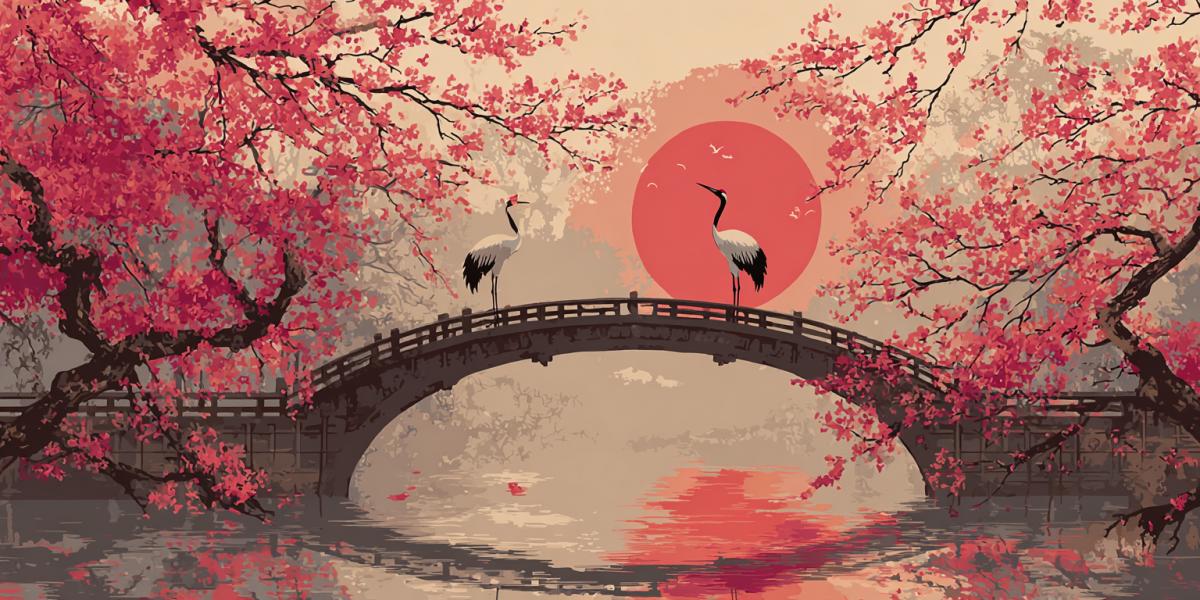 A beautiful bridge against the backdrop of Japan or China with a beautiful and romantic pink inspirational sakura with a romantic pair of cranes
