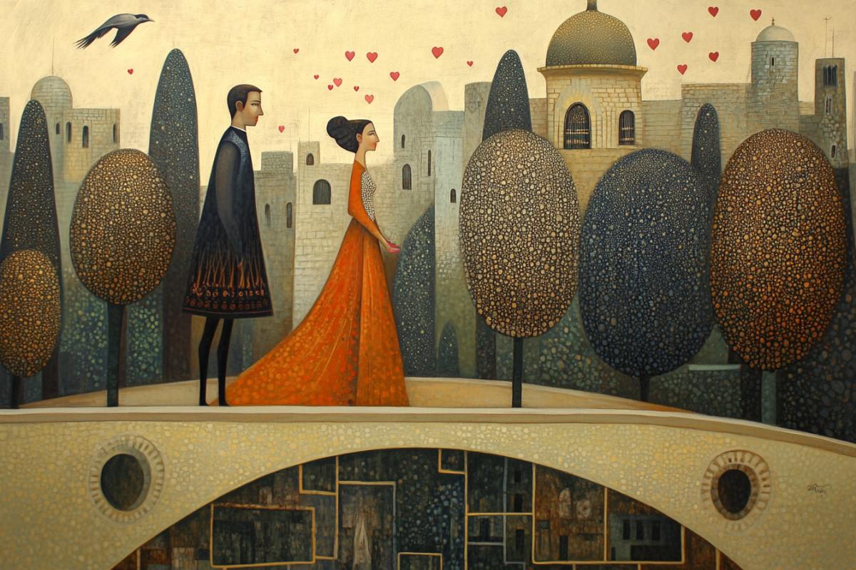 Mural, Morris Hirshfield style. Two lovers: a man and a woman on a bridge in a surreal city with trees, on the trees there are small pink hearts and a flying bird 9:16