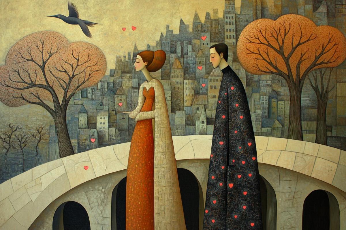 Mural, Morris Hirshfield style. Two lovers: a man and a woman on a bridge in a surreal city with trees, on the trees there are small pink hearts and a flying bird 9:16