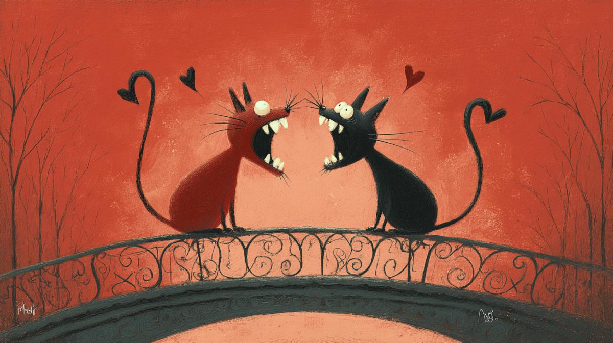 In love pair of screaming cats on the bridge of love caricature romantic romantic