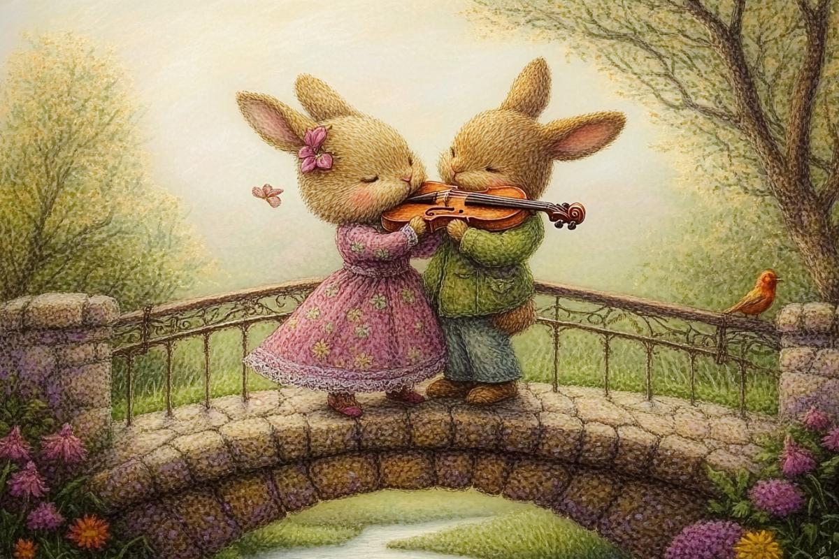 With the preservation of the style, a summer of lovers of rabbits hugs tenderly on the bridge on the bridge, a little rabbit plays on a violin, which sits high on a tree