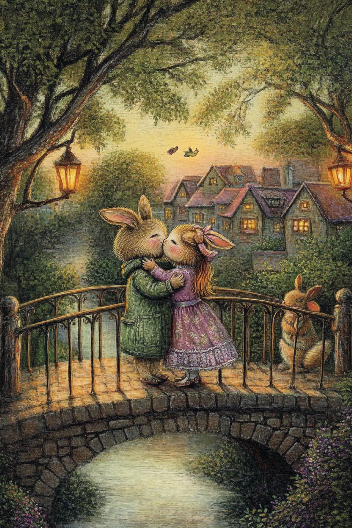 On a summer evening on a bridge, a couple of rabbits in love: they hug tenderly, a little Cupid-rabbit plays the violin for them, who sits high in a tree, lanterns are burning on the bridge, a cozy town is visible in the distance, a warm atmosphere of tenderness