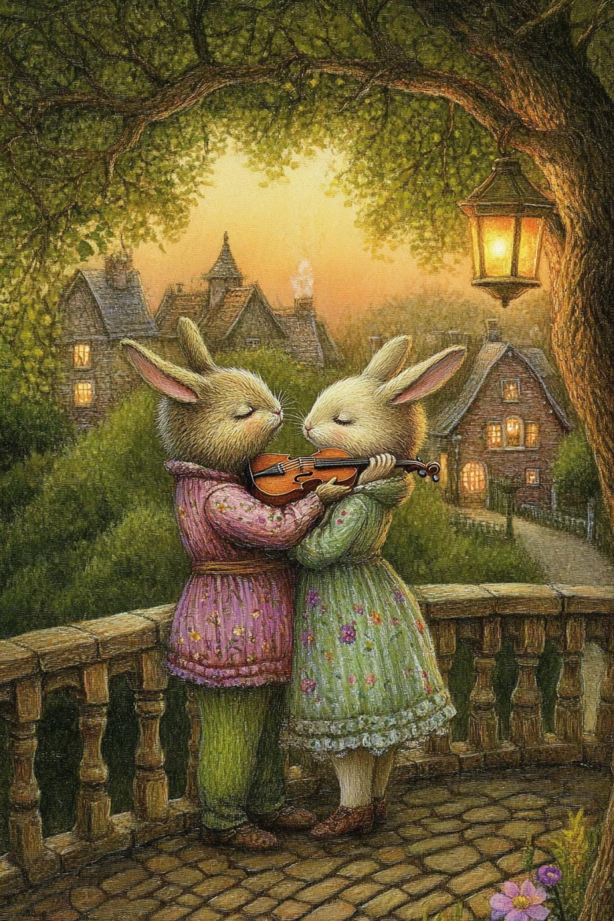 On a summer evening on a bridge, a couple of rabbits in love: they hug tenderly, a little Cupid-rabbit plays the violin for them, who sits high in a tree, lanterns are burning on the bridge, a cozy town is visible in the distance, a warm atmosphere of tenderness