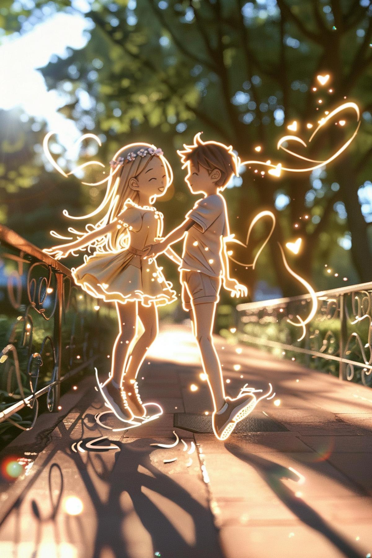 A realistic blurry photo of a summer park with bright sunshine and green trees. In the foreground, on a twisted iron bridge, there is a glowing neon outline of a girl dancing with joy and a young man handing her a bouquet of violets. She and he are outlined with thick glowing white lines. Sketches of hearts and glitter hover above them. Smudges and scribbles add playfulness. Her glowing shoes lightly touch the path. stylize 300