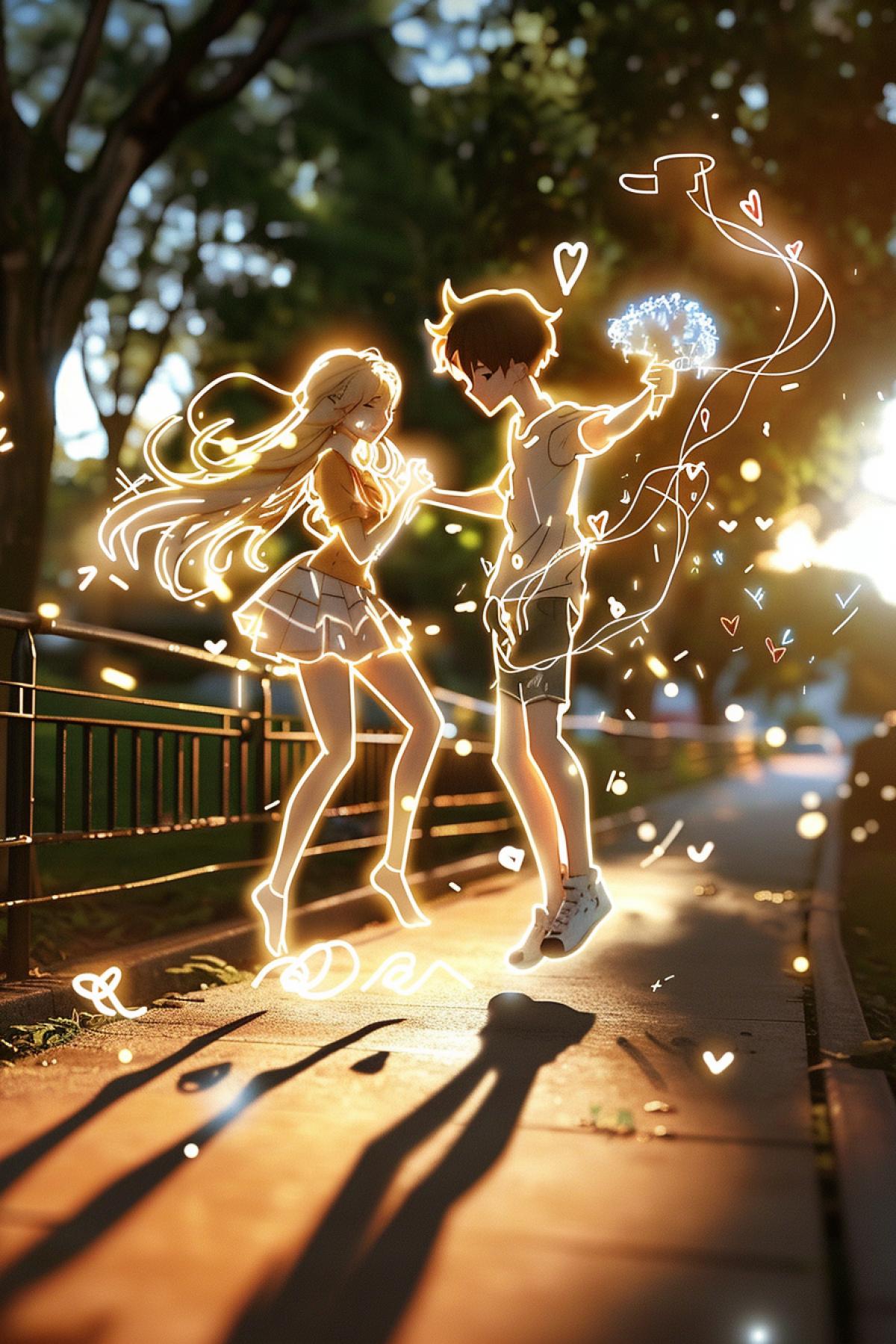 A realistic blurry photo of a summer park with bright sunshine and green trees. In the foreground, on a twisted iron bridge, there is a glowing neon outline of a girl dancing with joy and a young man handing her a bouquet of violets. She and he are outlined with thick glowing white lines. Sketches of hearts and glitter hover above them. Smudges and scribbles add playfulness. Her glowing shoes lightly touch the path. stylize 300