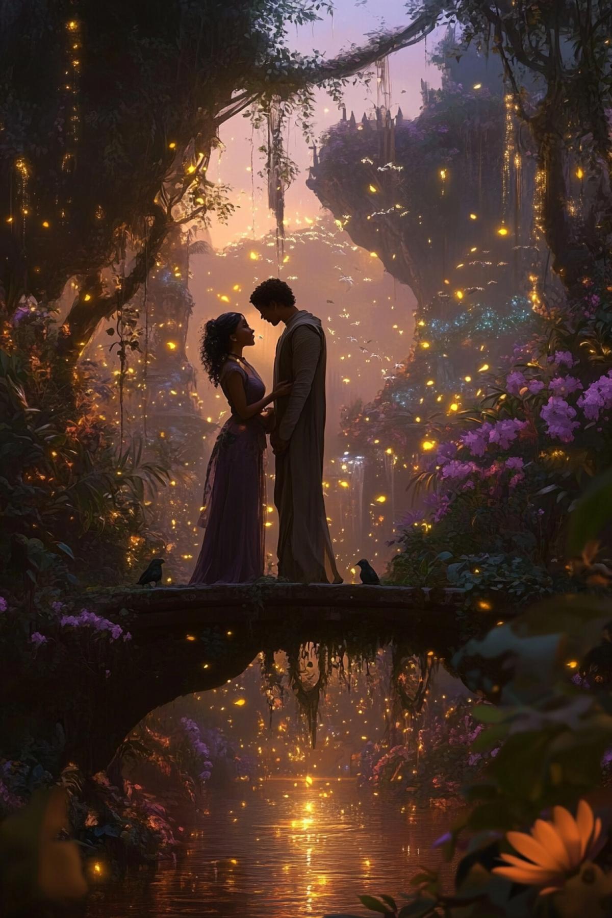 Maya and Dorian standing in a magical garden bridge at dusk, realistic fantasy painting. The air glows with golden fireflies sparkling among blossoming flowers, vines climbing ancient trees, and koi swimming lazily in a fountain. Maya: young brown skinned woman with long curly hair tied back, violet aura shimmering softly around her, watching Dorian with quiet longing. Dorian: tall brown skinned angelic figure, aura of green and auburn mists swirling gently, birds landing on his hands, fireflies dancing in the spaces he moves through. Atmosphere serene and enchanted, nature vibrant and alive, delicate tension between them, highly detailed, mystical sci-fi fantasy style, warm ethereal lighting