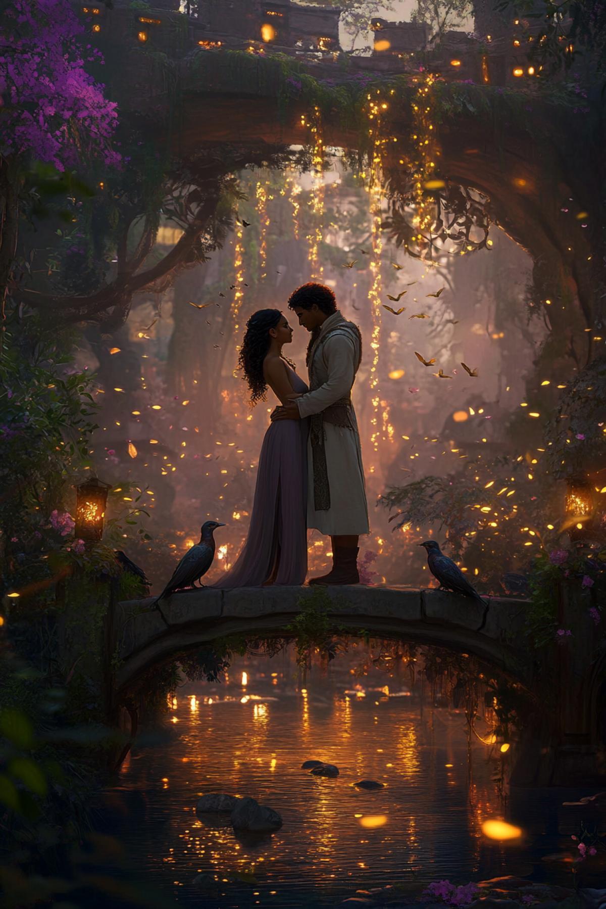 Maya and Dorian standing in a magical garden bridge at dusk, realistic fantasy painting. The air glows with golden fireflies sparkling among blossoming flowers, vines climbing ancient trees, and koi swimming lazily in a fountain. Maya: young brown skinned woman with long curly hair tied back, violet aura shimmering softly around her, watching Dorian with quiet longing. Dorian: tall brown skinned angelic figure, aura of green and auburn mists swirling gently, birds landing on his hands, fireflies dancing in the spaces he moves through. Atmosphere serene and enchanted, nature vibrant and alive, delicate tension between them, highly detailed, mystical sci-fi fantasy style, warm ethereal lighting