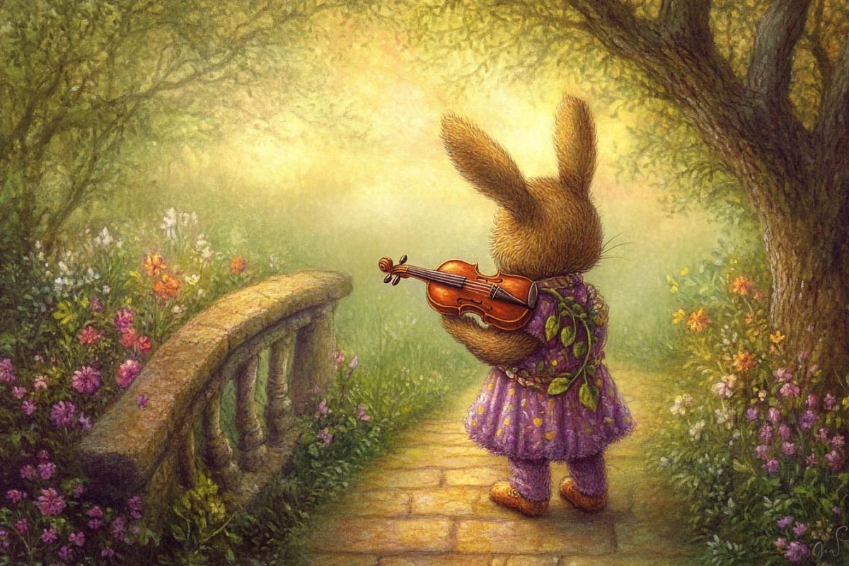 With the preservation of the style, a summer of lovers of rabbits hugs tenderly on the bridge on the bridge, a little rabbit plays on a violin, which sits high on a tree