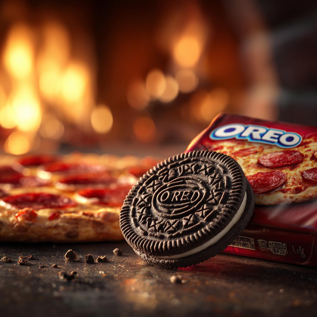 advertising photo close-up, Oreo cookie package with pizza flavor, the package shows an Oreo cookie in the shape of a mini pizza with salami, the pizza with salami in the background is blurred, and there is a fire
