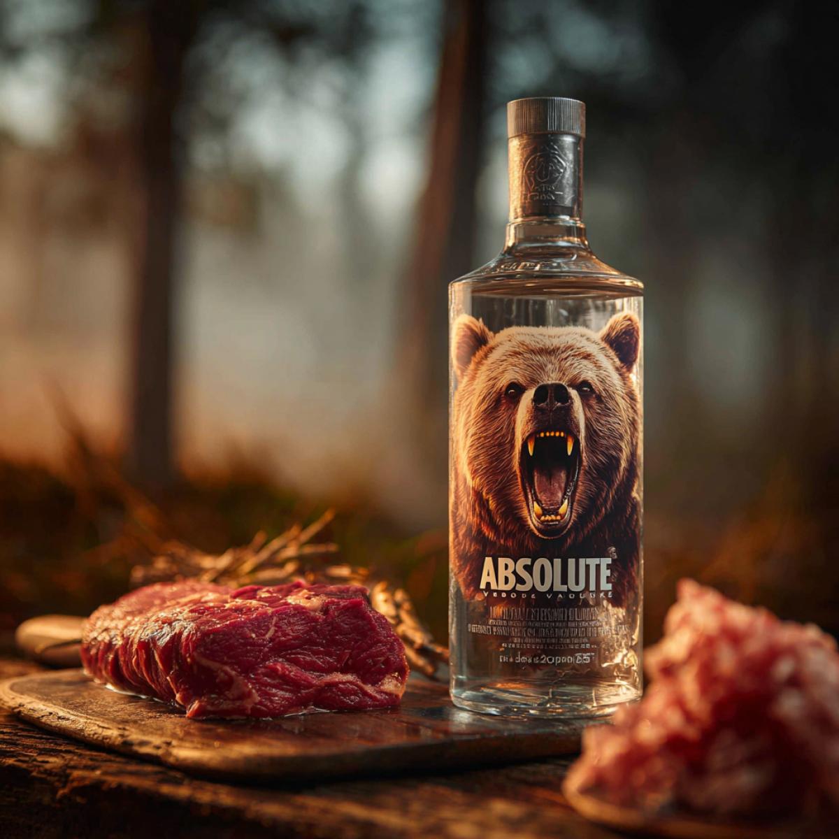 advertising photo close-up, bottle of Absolute vodka with a bear flavor, image of a screaming brown bear on the bottle, on a wooden table, the forest in the background is blurred, fog haze, a piece of raw meat on a board, large pieces of salt, text on the bottle \" Absolute vodka bear \"