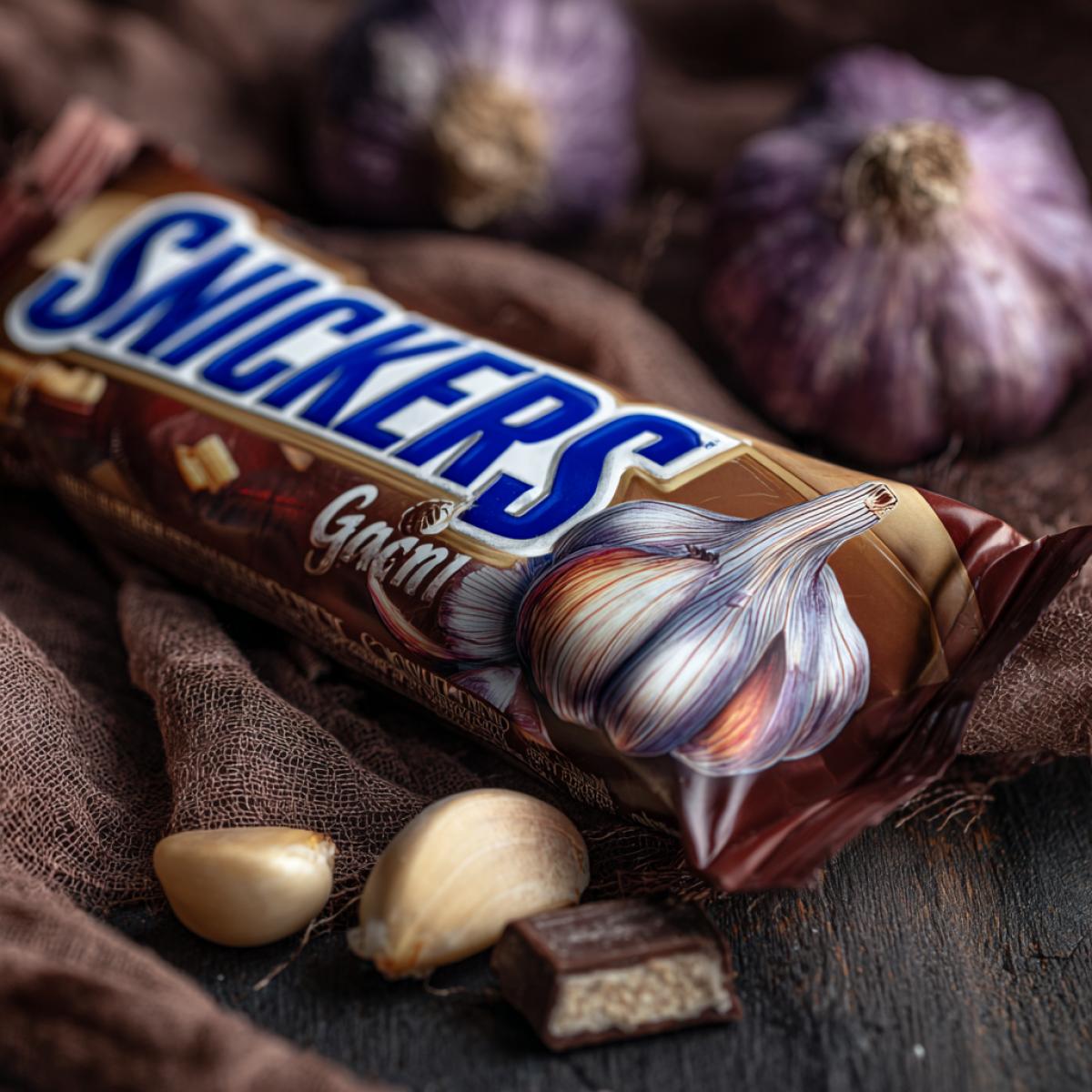 close-up advertising photo, Snickers chocolate with garlic flavor, Snickers packaging with a drawing of garlic
