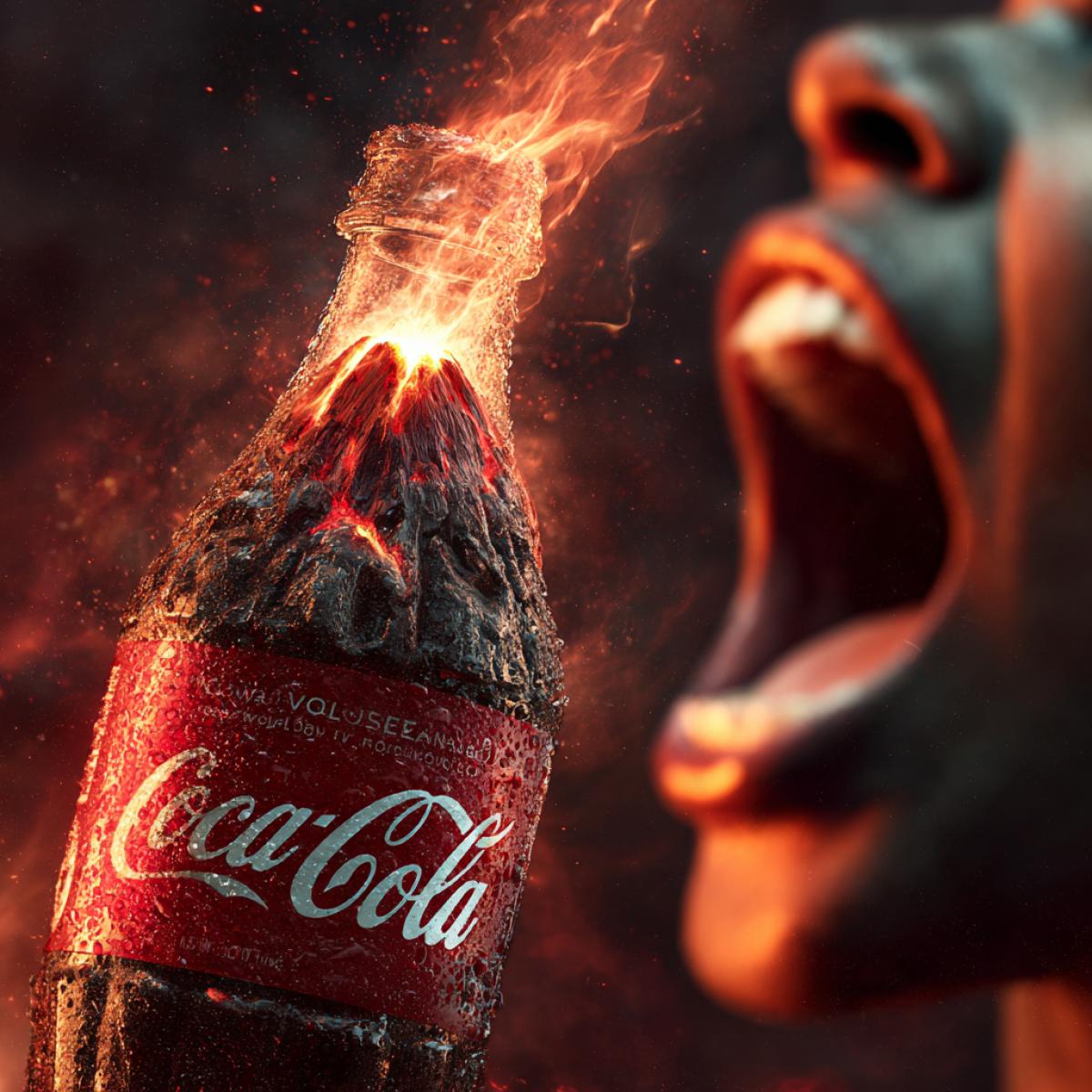 close-up advertising photo, a bottle of volcano-flavored Coca-Cola, a volcano erupting on the bottle of Coke, a blurred photo of a screaming person with flames coming out of their mouth in the background