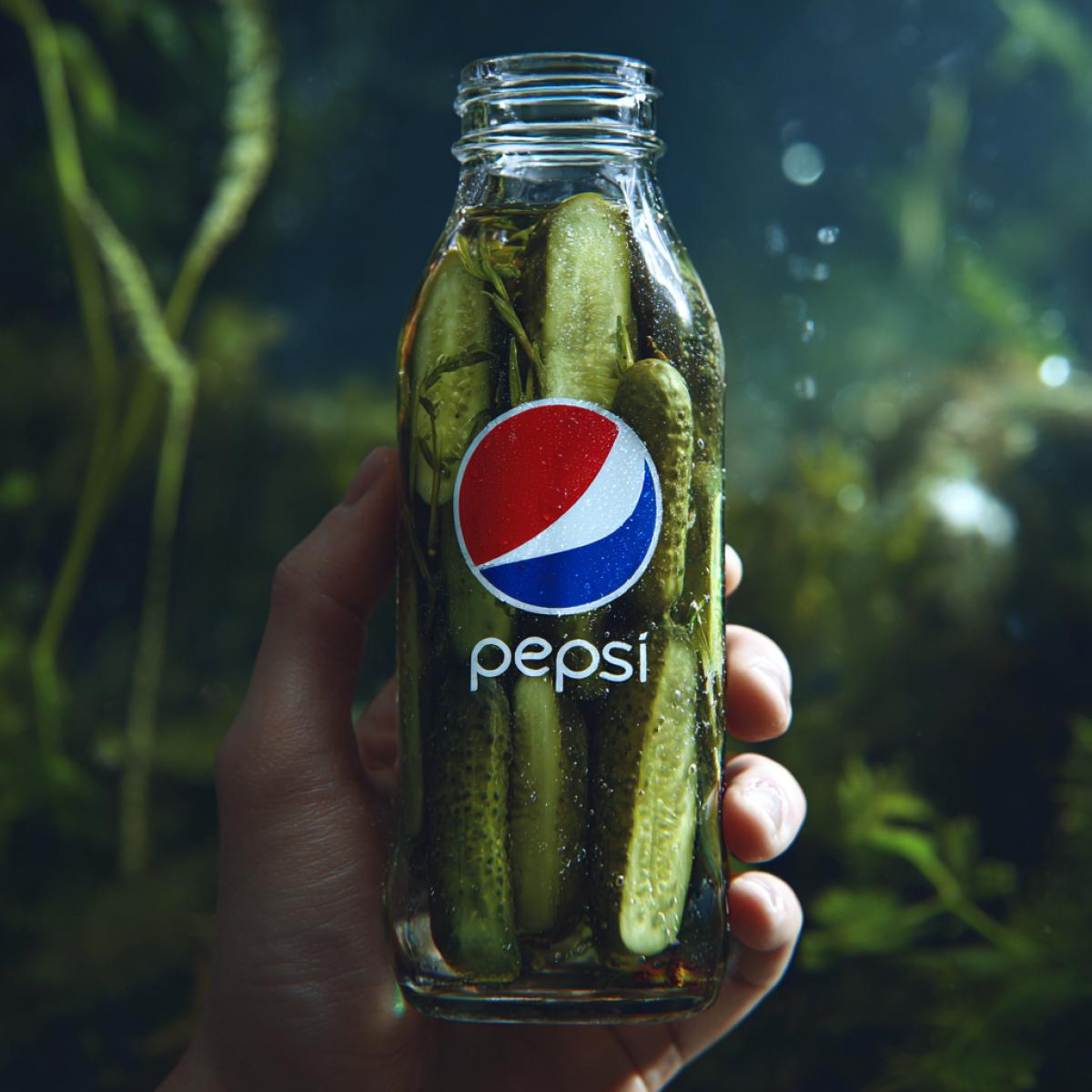 close-up advertising photo, glass bottle of Pepsi with pickled cucumbers