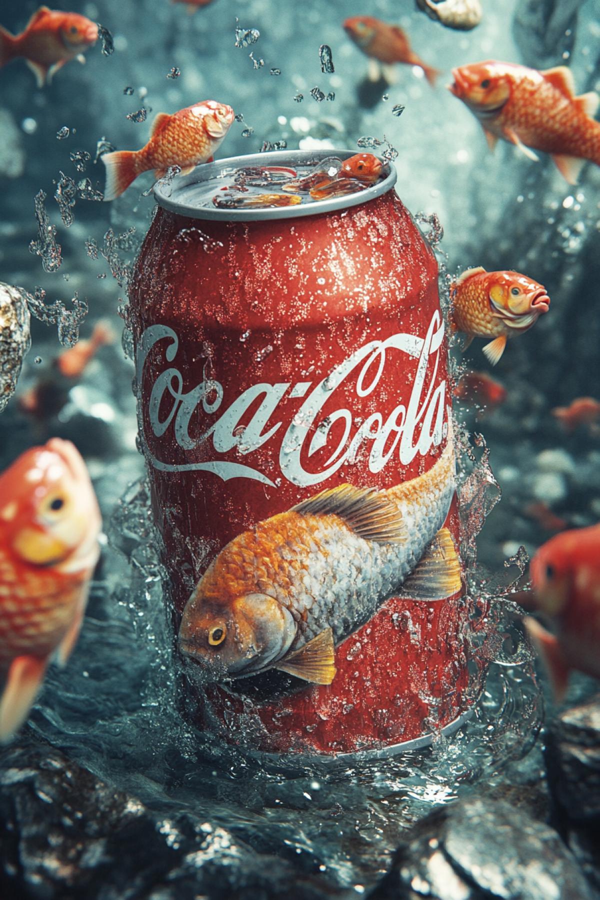 To invent and generate an image of a packaging/advertising of a fictional product with an incredible, strange or funny taste. Cocola with the taste of fish