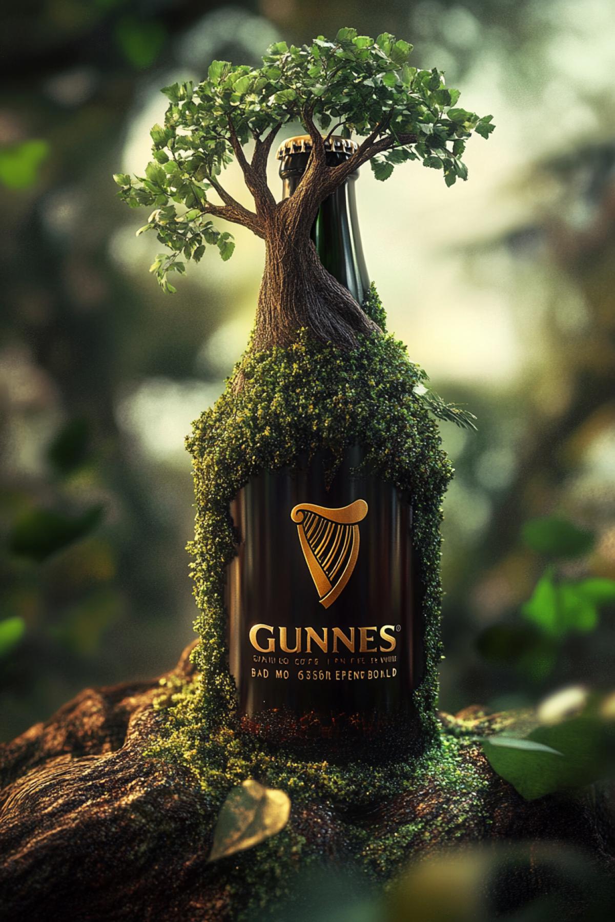 To invent and generate an image of a packaging/advertising of a fictional product with an incredible, strange or funny taste. Guinness beer. . with a tast of a tree