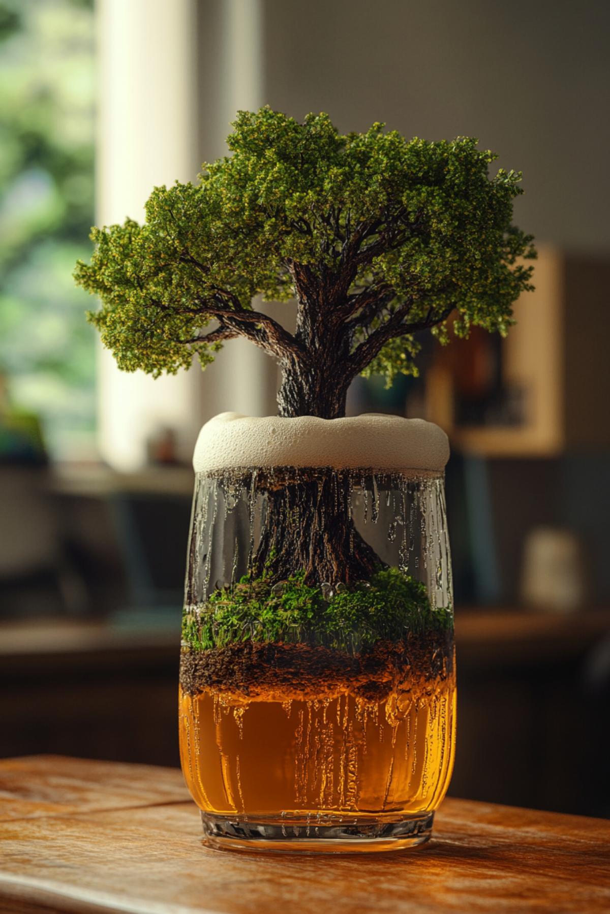To invent and generate an image of a packaging/advertising of a fictional product with an incredible, strange or funny taste. Beer . with a tast of a tree