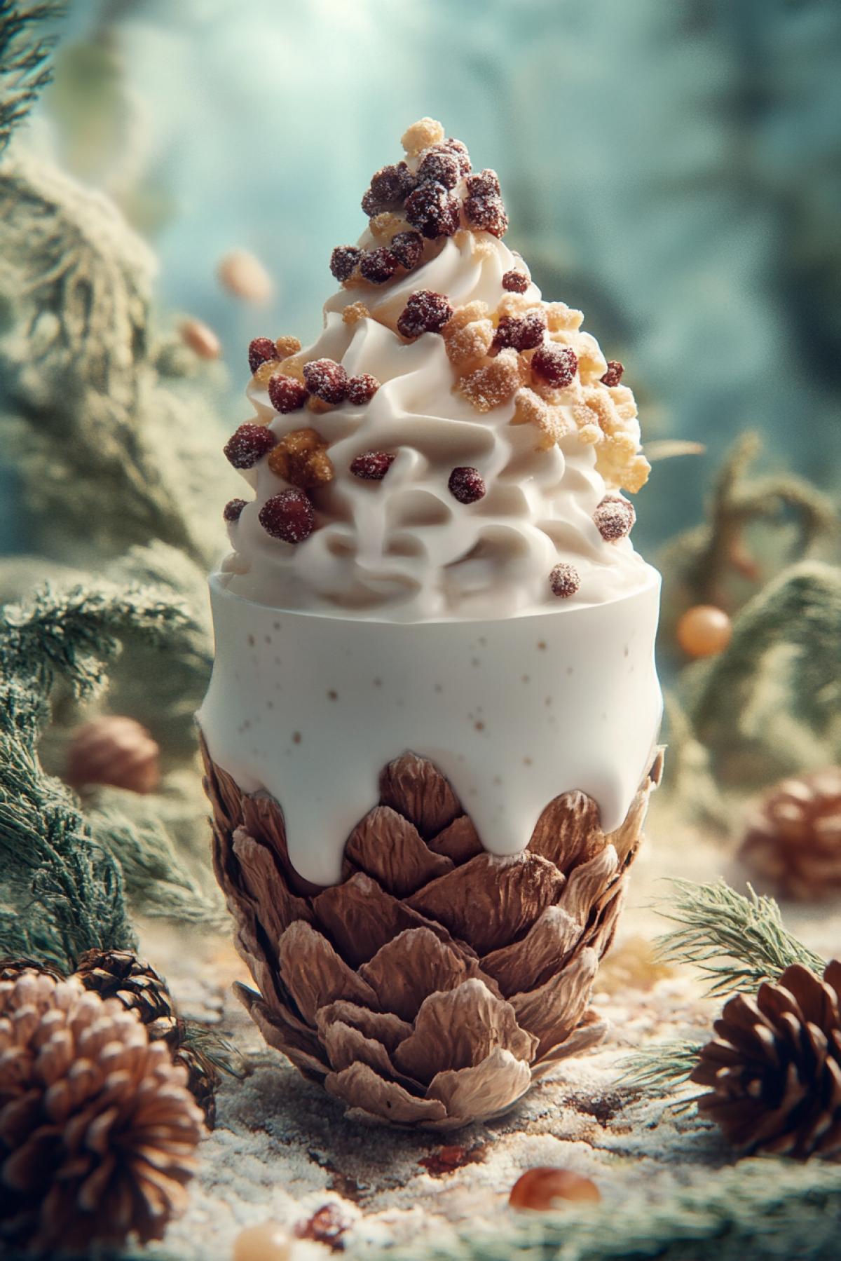 To invent and generate an image of a packaging/advertising of a fictional product with an incredible, strange or funny taste. Yogurg Danisimo with the taste of fir cones