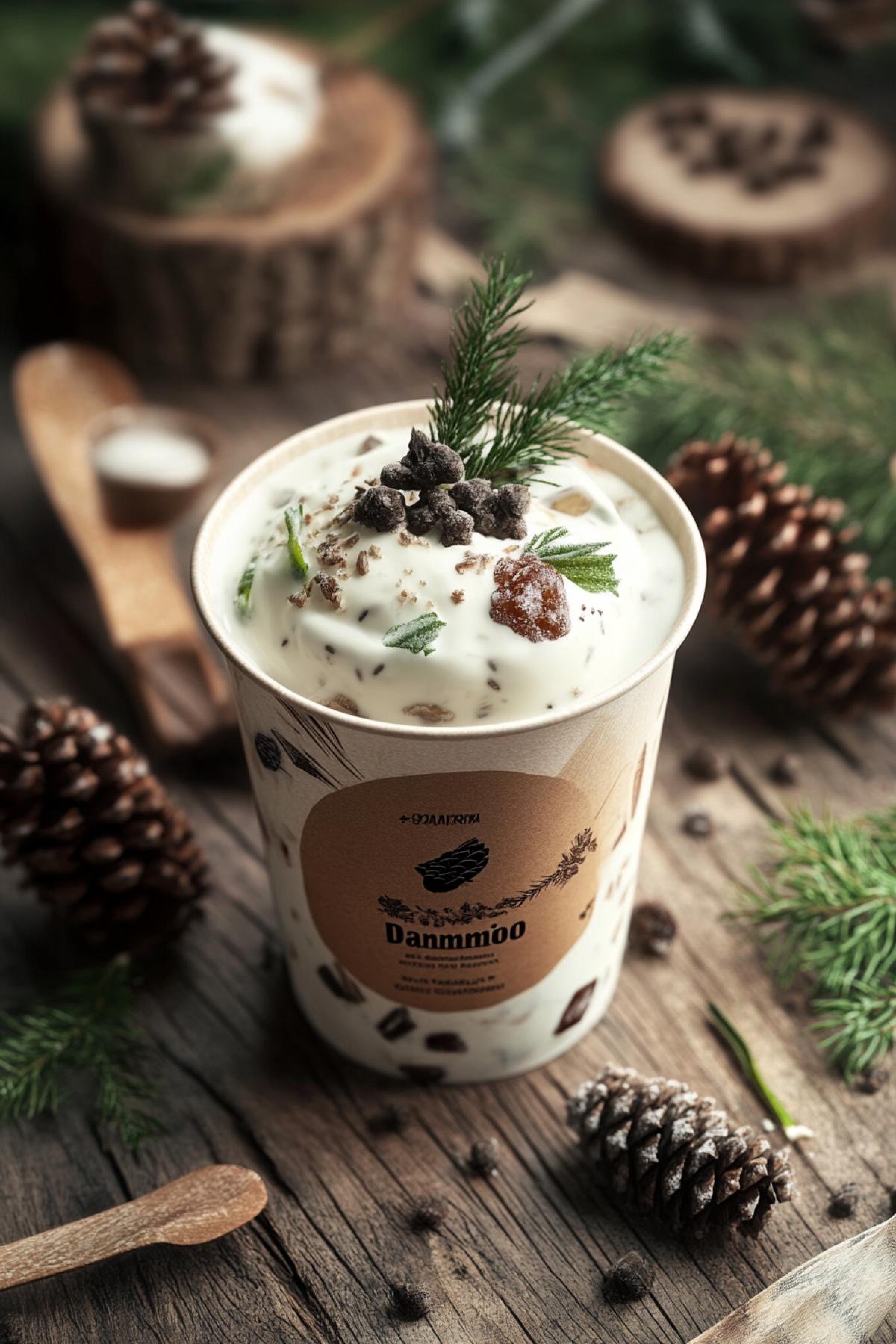To invent and generate an image of a packaging/advertising of a fictional product with an incredible, strange or funny taste. Yogurg Danisimo with the taste of fir cones