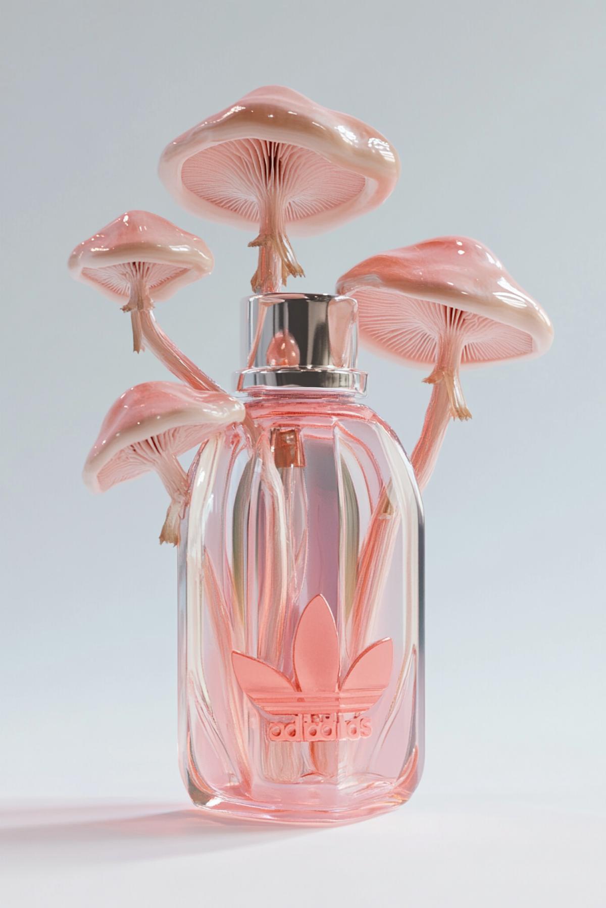 To invent and generate an image of a packaging/advertising of a fictional product with an incredible, strange or funny taste. Adidas perfume with the smell of mushrooms