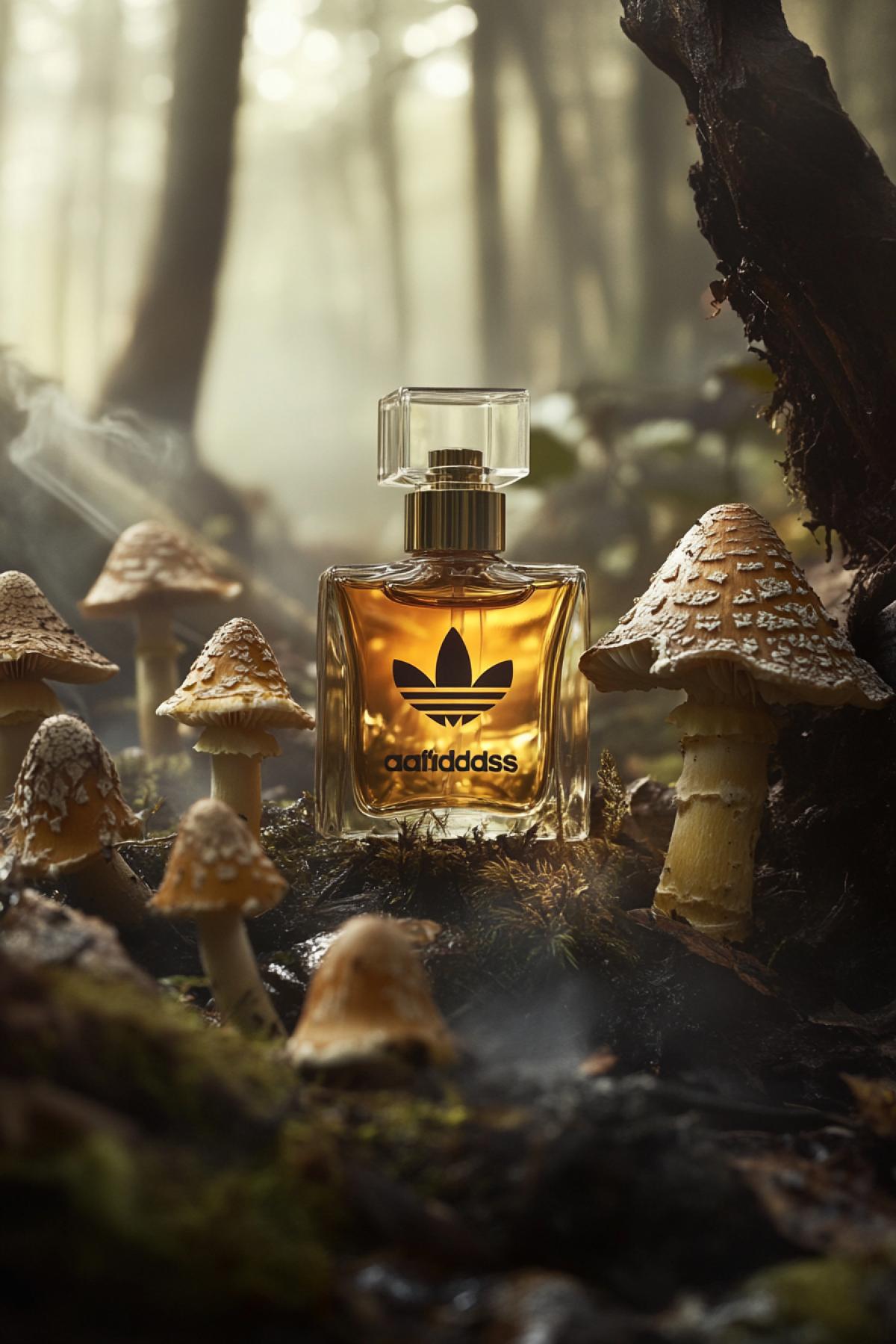 To invent and generate an image of a packaging/advertising of a fictional product with an incredible, strange or funny taste. Adidas perfume with the smell of mushrooms