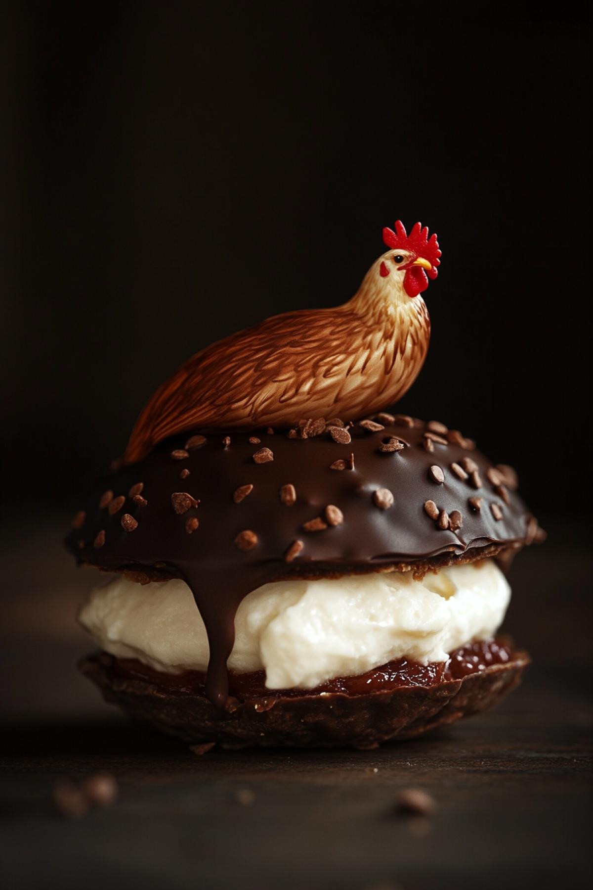 To invent and generate an image of a packaging/advertising of a fictional product with an incredible, strange or funny taste.  Choco Pie with the taste of poultry meat