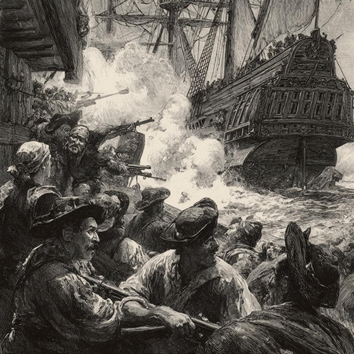 a civilian merchant ship defending itself against a pirate ship, a cannon duel, flying cannonballs, gunshots, screaming people, pirates, 17th century