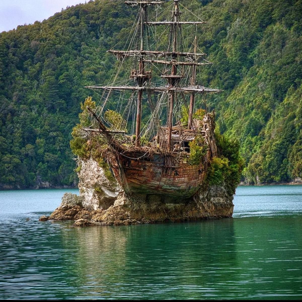 A ship stranded on an island in the middle of green waters, in New Zealand, it is made of wood and has numerous dilapidated sails hanging from it. The ship is dilapidated and almost . A large wooden sailing vessel with its masts raised high above the water levels, it stands at full height on one side of a rocky formation. This weathered ancient boat looks majestic against the backdrop of the lush, forested hills that surround it.