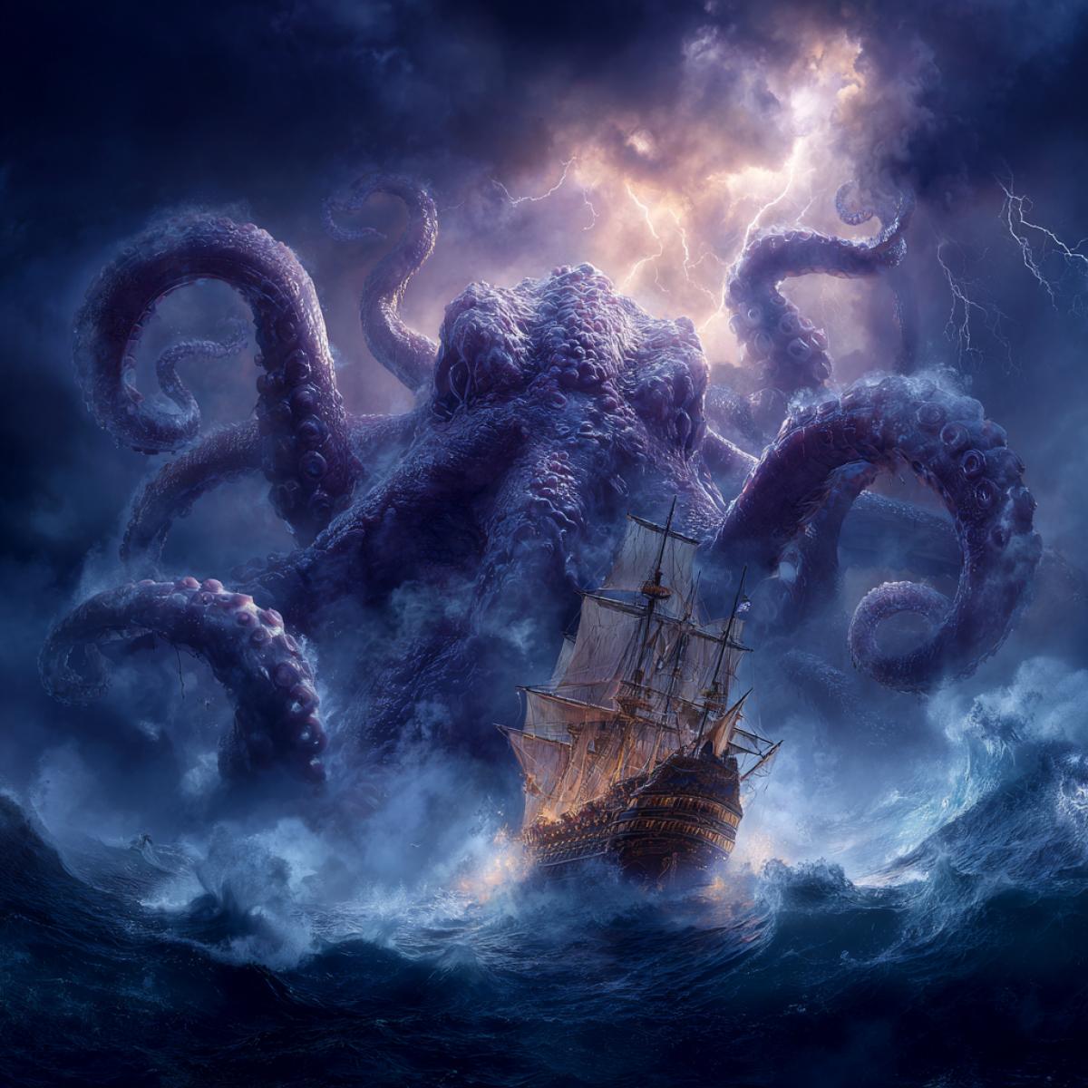 A colossal kraken, its massive tentacles wrapped around a majestic 17th-century galleon, pulling it into the churning, stormy abyss. Dramatic lighting, crashing waves, lightning illuminating the scene. Epic cinematic masterpiece, highly detailed, dark fantasy art, photorealistic. s 750 q 2