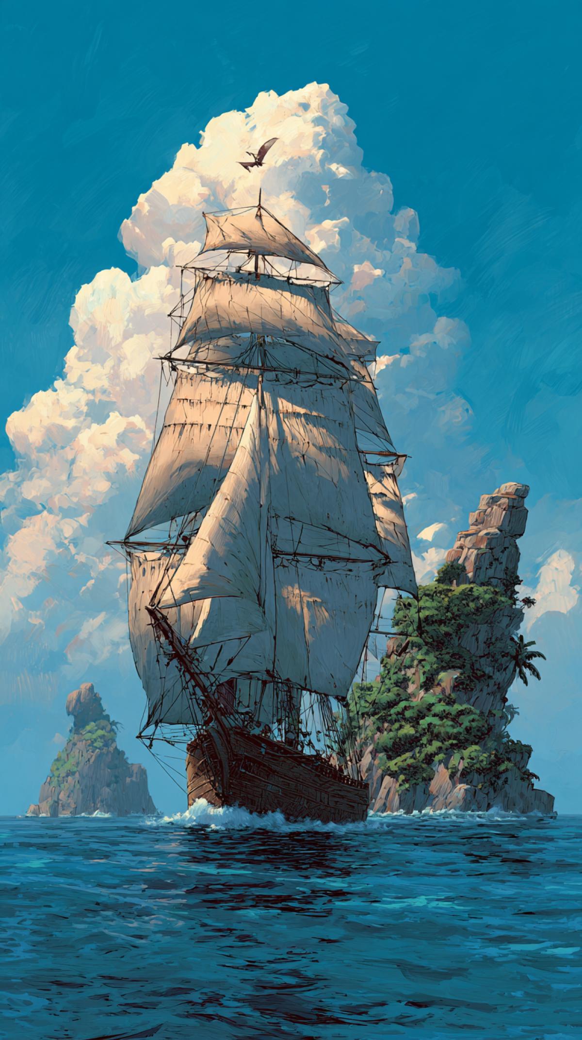 Sailing schooner against the background of the island with a fight