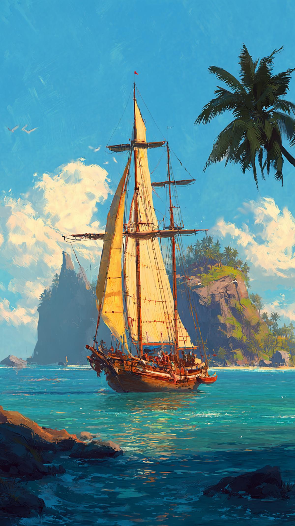 Sailing schooner against the background of the island with a fight