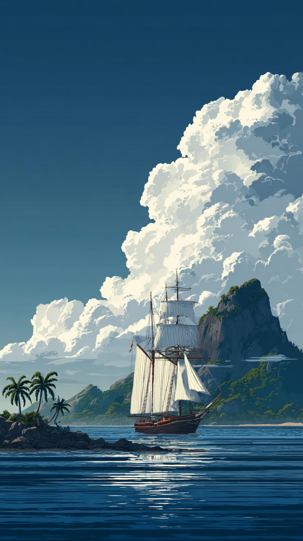 Sailing schooner against the background of the island with a fight