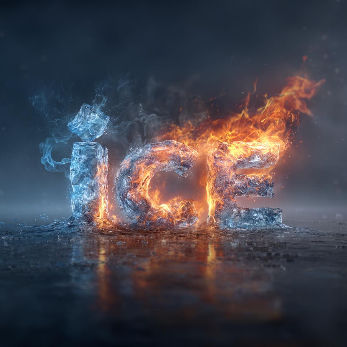 \"ice\" made of ice is burning, the flame enveloped the word \"ice\", photoshop, realism, high detail