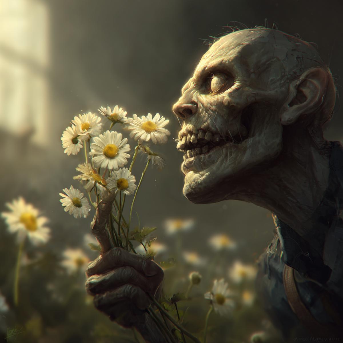 zombie sniffs chamomile and smiles, realism