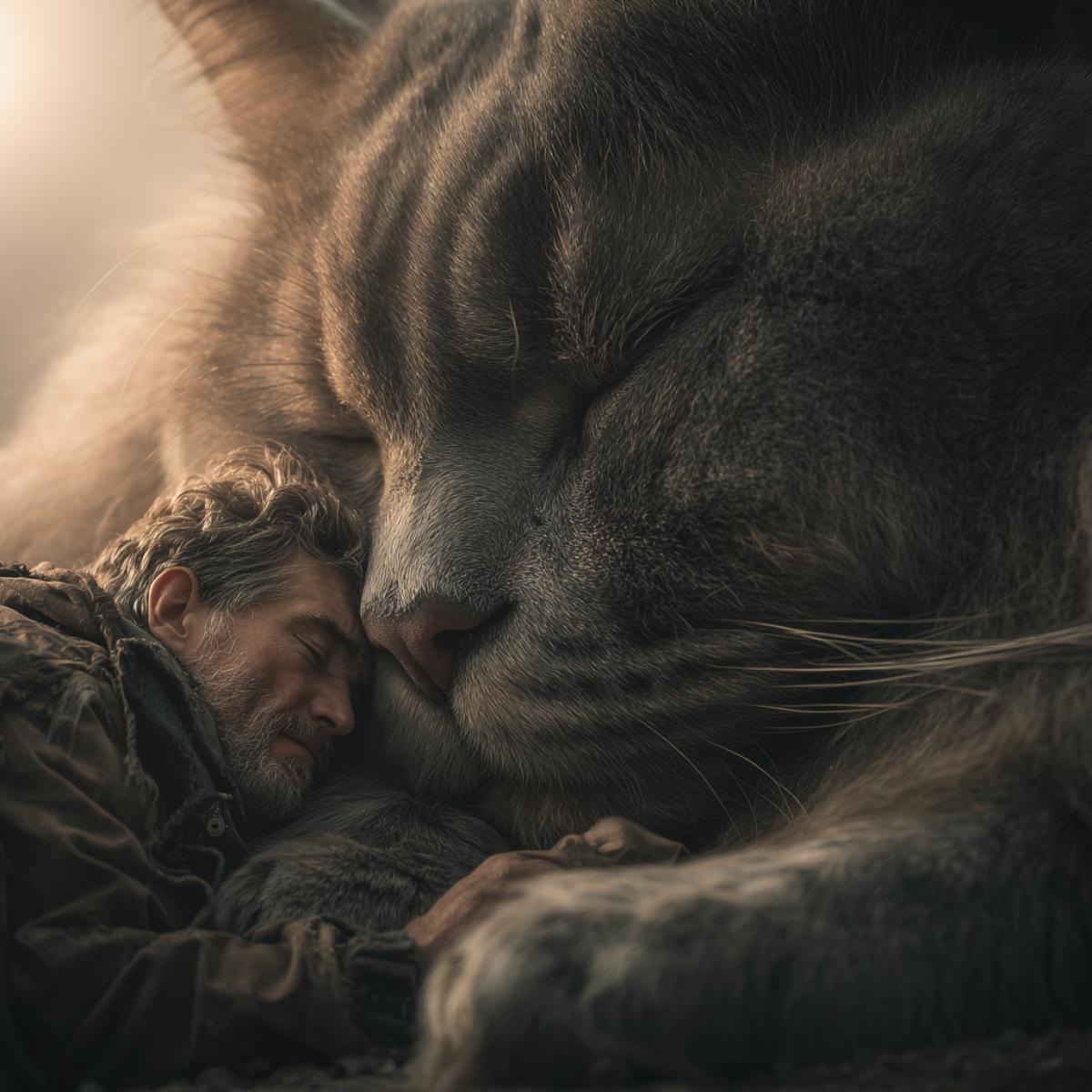 A man sleeps on the paws of a big Burmansk cat, a beautiful photo, realism 4K