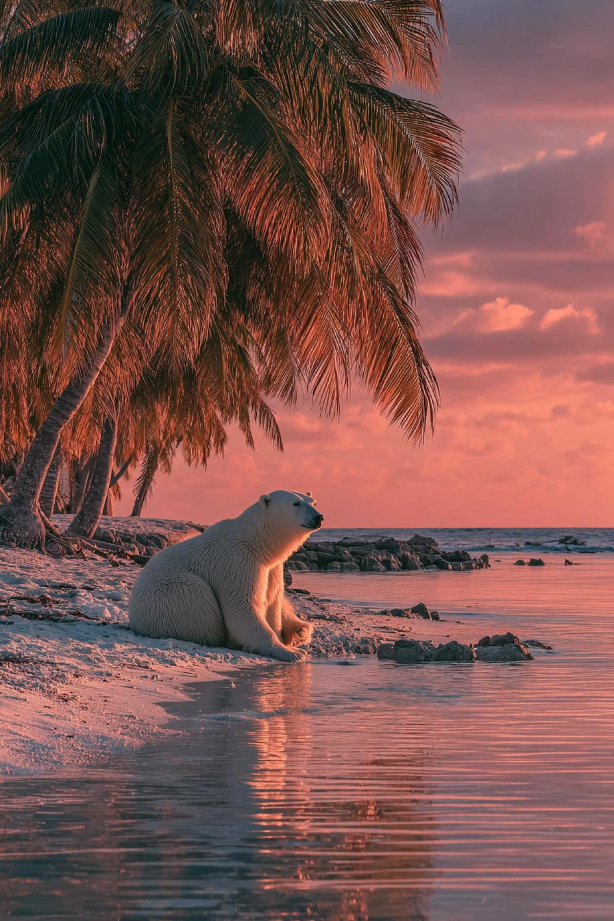 Polar bear on the beach of Maldives. Clean beach, sea, sand, palm trees, sunset.