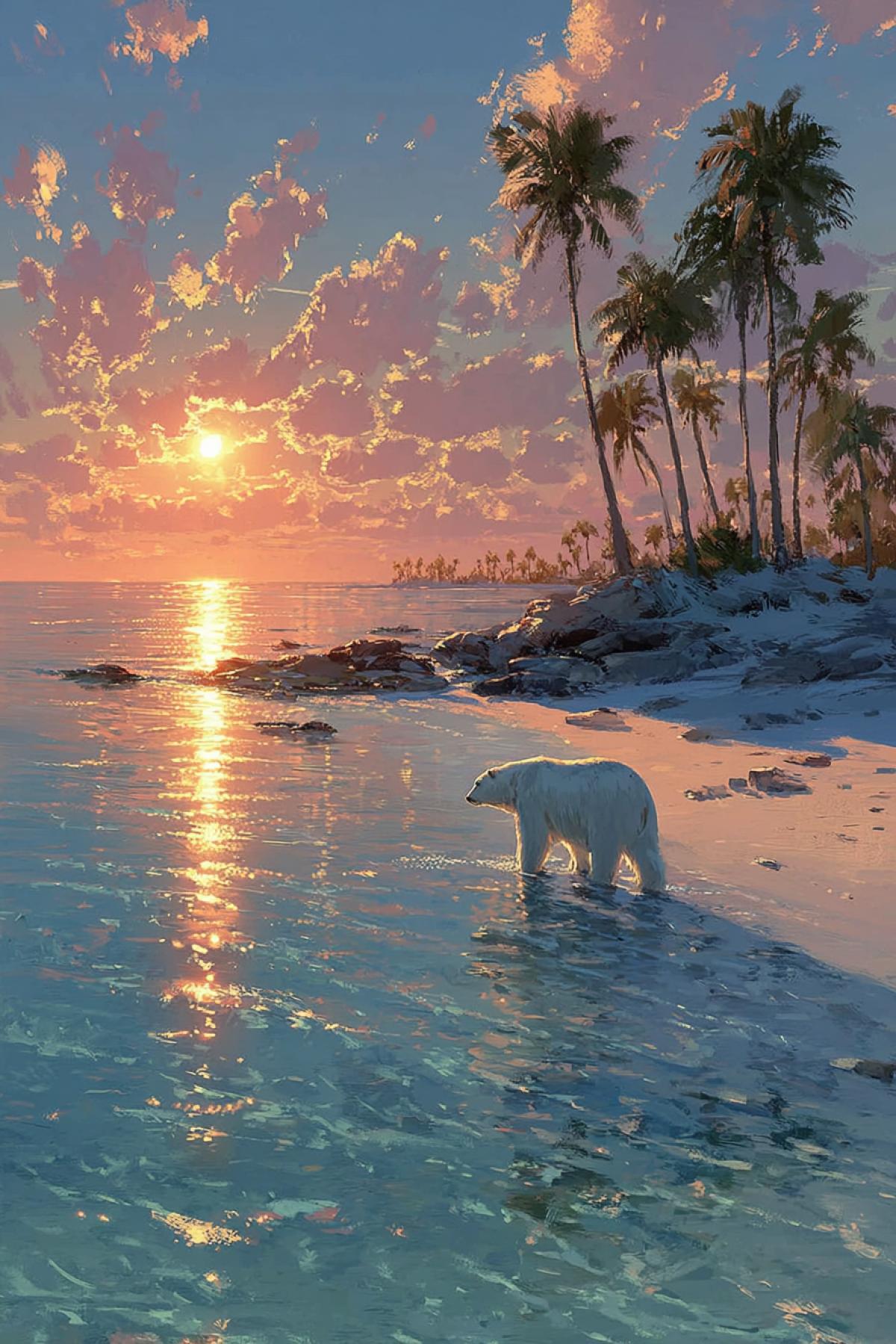 Polar bear on the beach of Maldives. Clean beach, sea, sand, palm trees, sunset.
