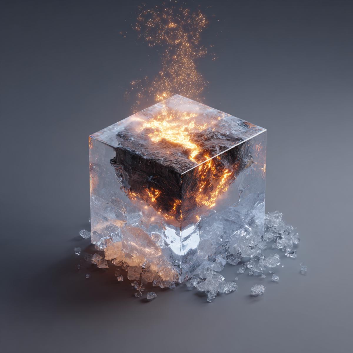 Hot piece of iron falling into the cube of ice