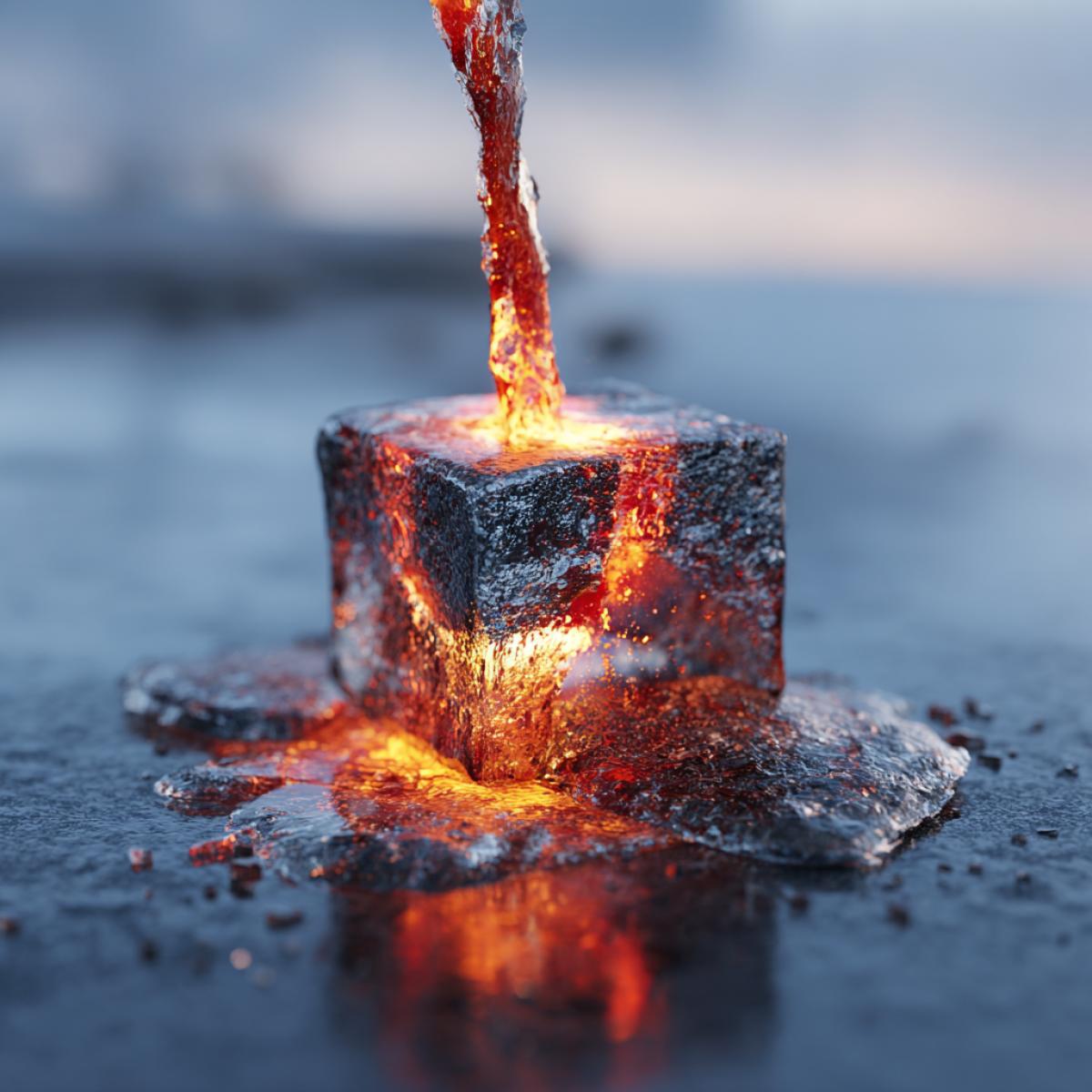 Hot piece of iron falling into the cube of ice
