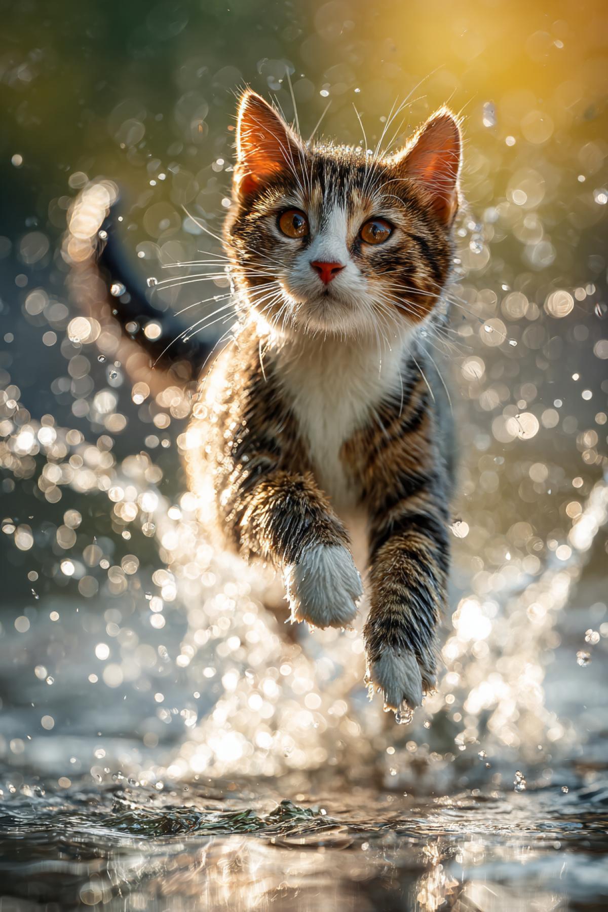 A happy, joyful cat playing and splashing in clear water. Bright sunlight, sparkling water droplets, dynamic motion, shallow depth of field, bokeh effects, playful atmosphere, vibrant colors, photorealistic, 8k, detailed fur with water droplets.