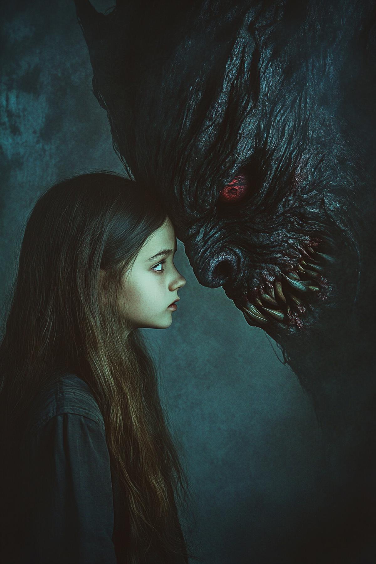 The task is to create an expressive scene, which combines two fundamentally different, unexpectedly adjacent concepts, image or moods. The idea is not just to place objects nearby, but to show the tension between them. Tender girl and evil monster