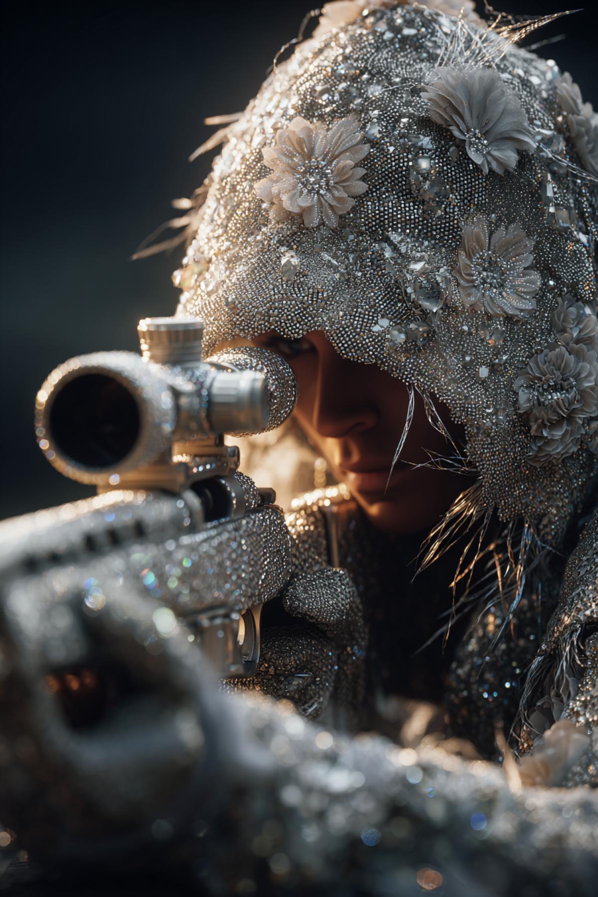 A military sniper in a full ghillie suit, meticulously embroidered with thousands of sparkling Swarovski crystals. The crystals form intricate floral and camouflage patterns that catch the light. The sniper lies in a prone 4k, aiming through a high-tech scope, face concealed. Stark contrast between military function and extravagant decoration. Hyperrealistic, detailed textures, cinematic lighting.