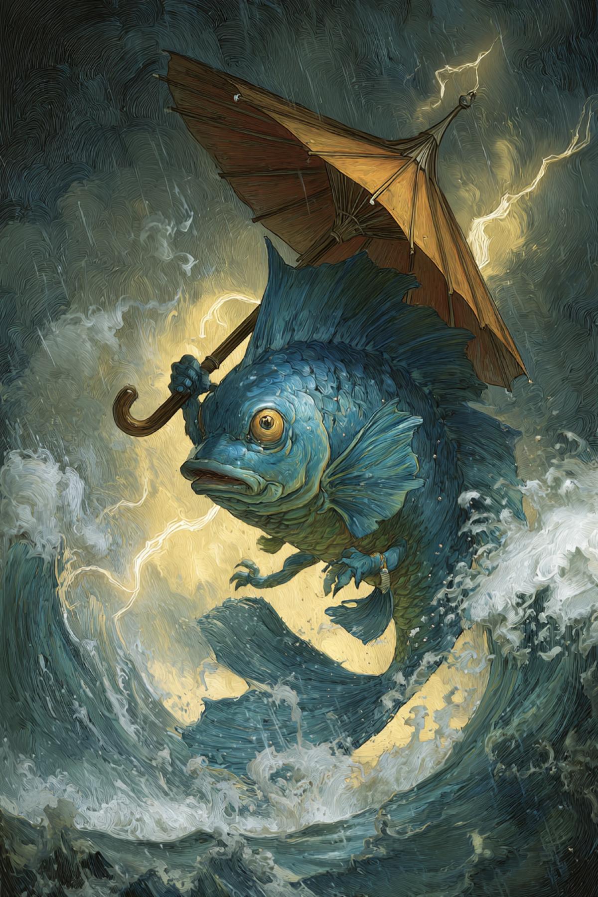 An epic of a heroic fish superhero standing defiantly against a massive ocean storm. The fish holds a tiny but resilient umbrella against the raging waves, its face showing fierce determination. The umbrella is the focal point its fabric straining against the wind, ribs luxuryly visible under the pressure, yet held with unshakable resolve. The storm is powerful and merciless, with dark clouds, crashing waves, and dramatic lightning. The painting conveys intense , the fury of the storm, and the fishs unwavering determination to defend itself with this fragile shield. Dynamic com4k, rich colors, bold brushstrokes, 8k, masterpiece.
