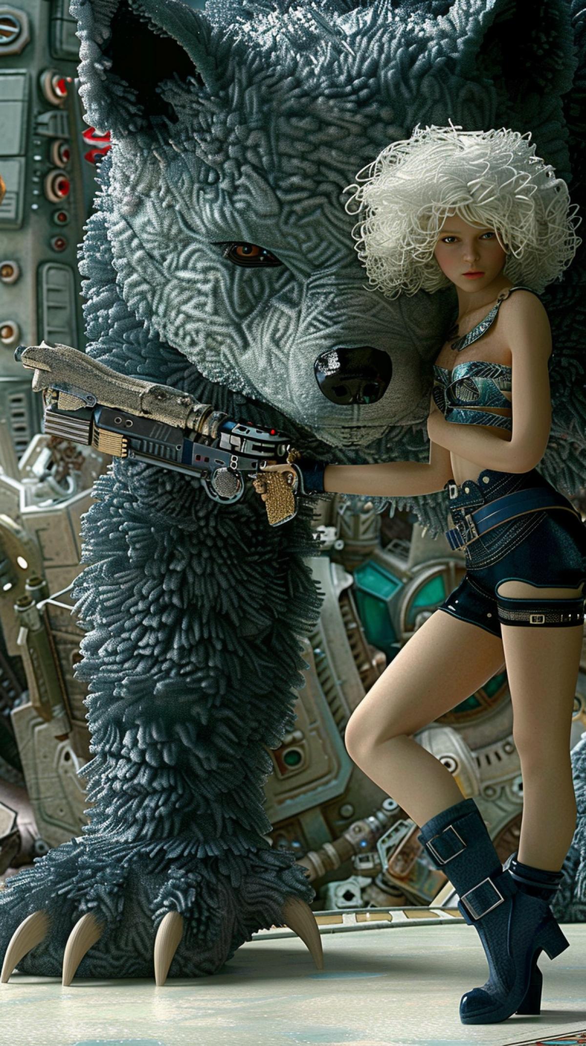 A beautiful young woman with white curly hair, dressed in short shorts and dark boots, holds a weapon in her hand. She stands on the ground next to a big mechanical gray monster resembling a bear-dark panther, a cinematic shot from a fantasy art film, a digital painting with high detail and resolution, clear focus, and complex studio-quality details against the backdrop of a destroyed city, in the style of hyperrealism