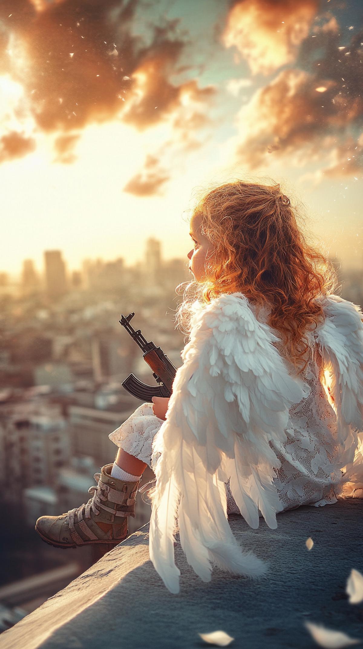 Angelic child sitting on a rooftop admiring the sprawling cityscape with parks and bridges during golden hour, little girl, curly blonde hair shining in the warm sunlight, large detailed white feather wings with realistic texture, white shirt made of white flower petals, cozy lace-up boots, holding a Kalashnikov rifle in her hands. Cinematic dramatic clouds, soft rim light, ultra-realistic, hyper-detailed portrait, warm golden color grading, shallow depth of field, high dynamic range, volumetric lighting.