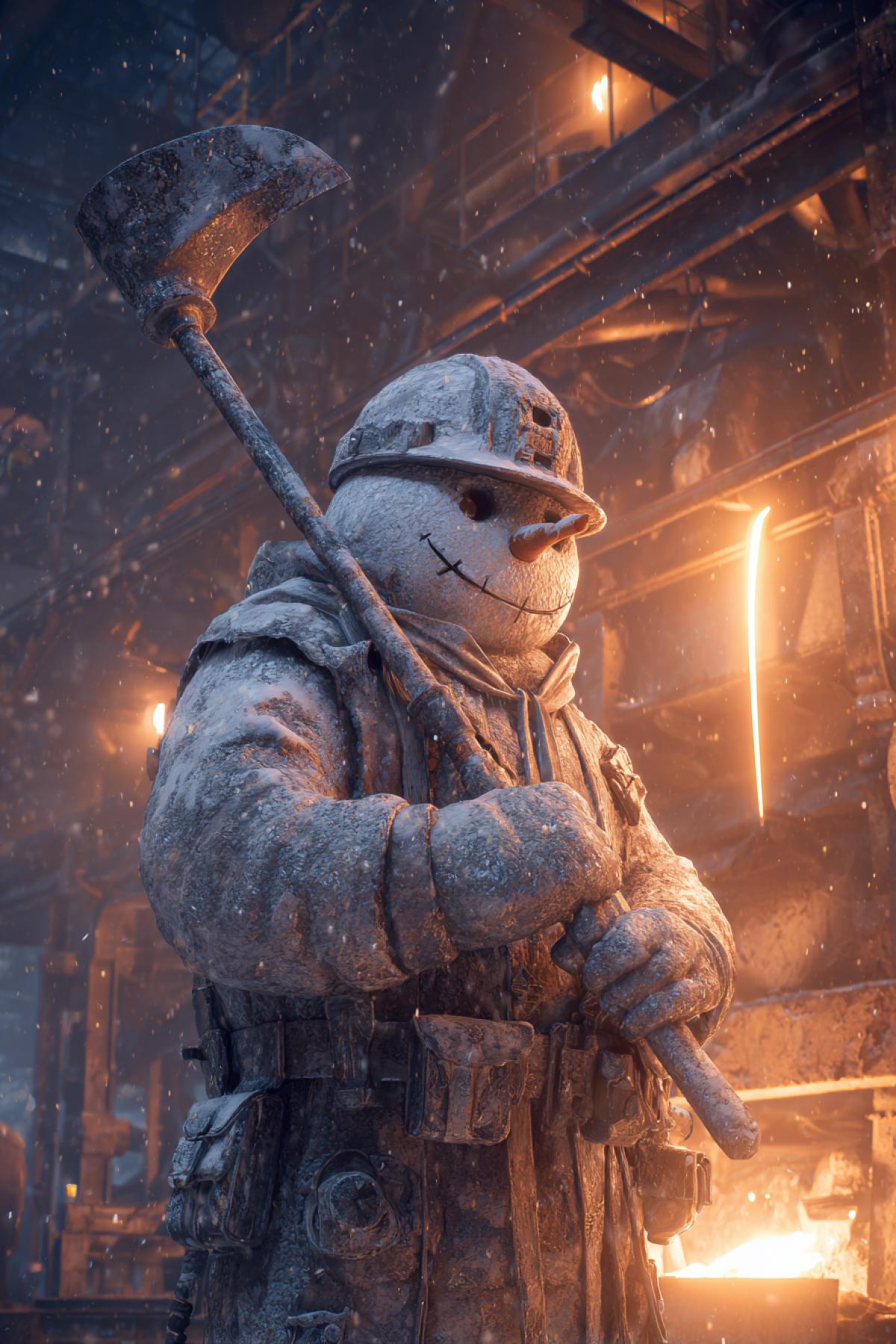 A snowman steelworker at an open-hearth furnace, wearing a protective helmet and holding a big ladle with molten steel. Sparks and glowing metal contrast with his snowy , heat causes slight melting on his face. Whimsical contrast, hyperrealistic, dramatic lighting, 8k, steampunk aesthetic, surrealism, industrial atmosphere.