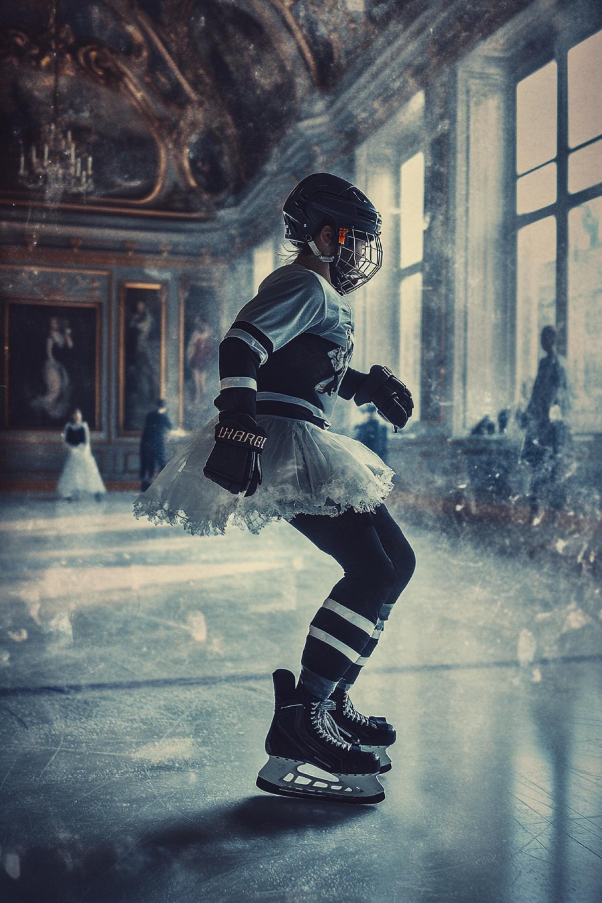 The task is to create an expressive scene, which combines two fundamentally different, unexpectedly adjacent concepts, image or moods. The idea is not just to place objects nearby, but to show the tension between them. Hockey player in a ballet pack