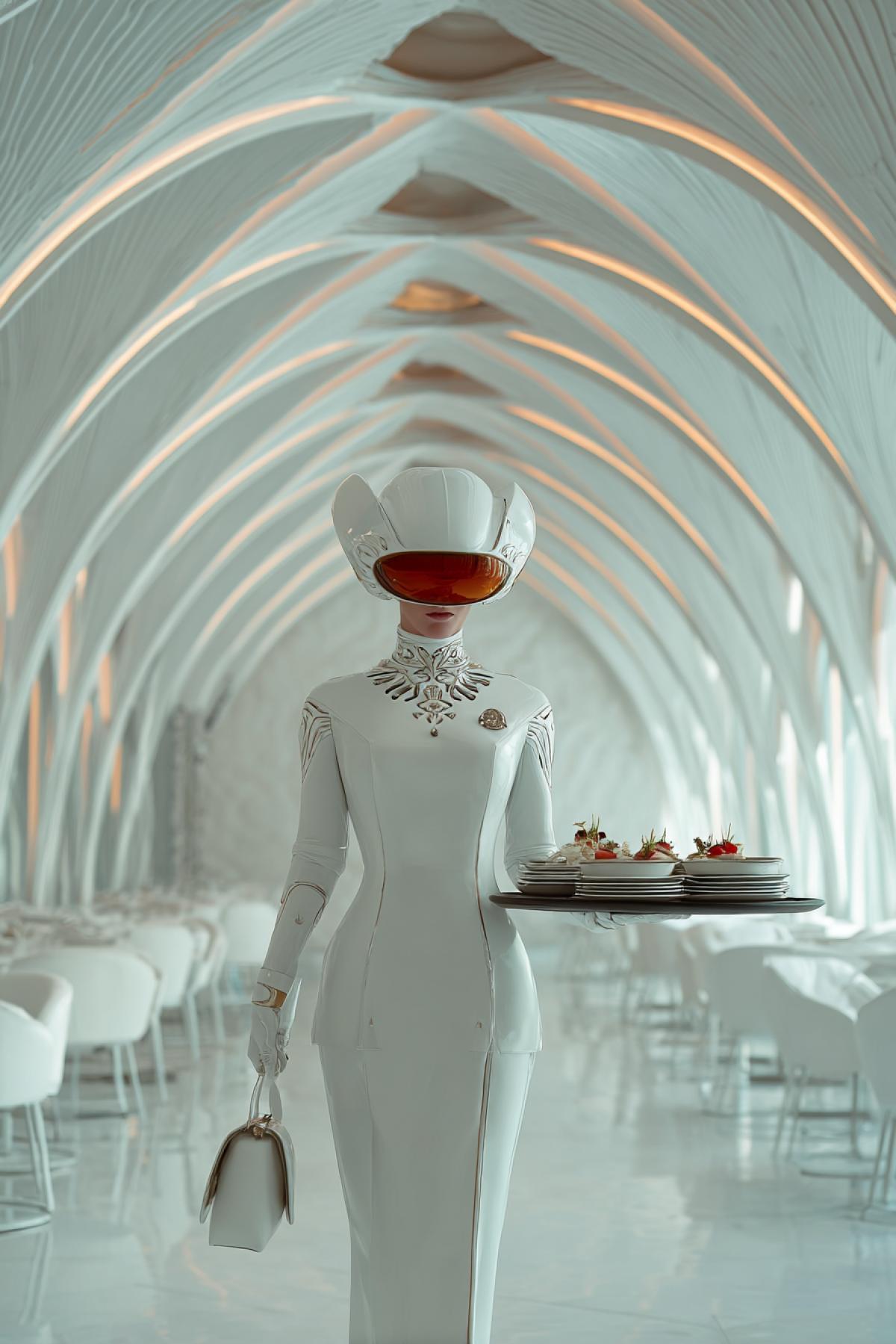 futurism. Fantastic Humanod waiter who serves dishes in a chic hall