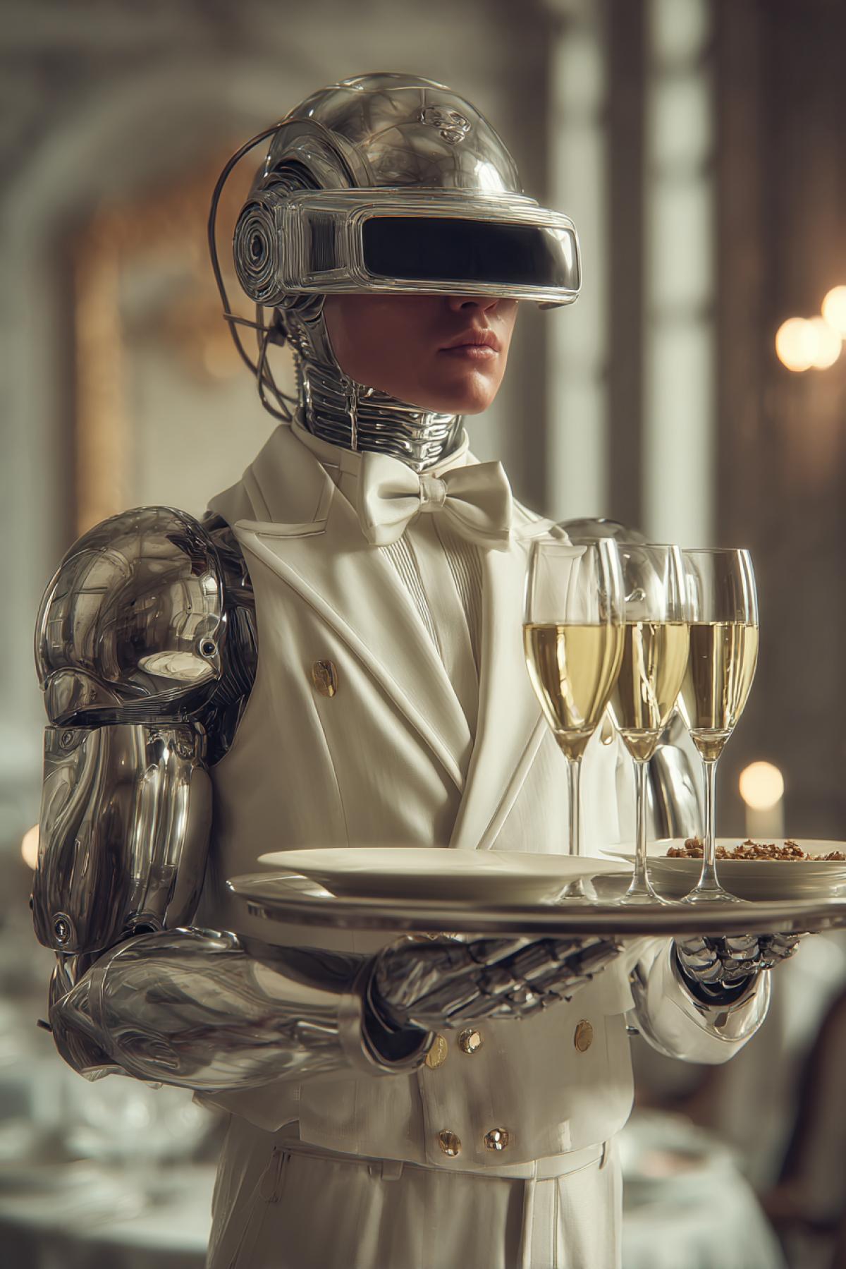 futurism. Fantastic Humanod waiter who serves dishes in a chic hall