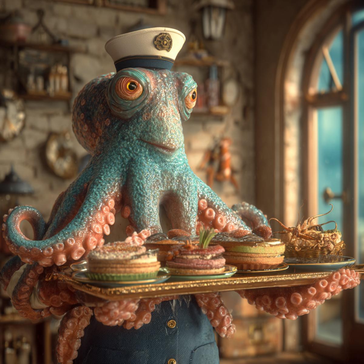 The octopus scene with alien eyes in the form of a waiter holds in tentacles trays with strange dishes on which the green slurry and small winging worms, the octopus smiles, realism, 4k,