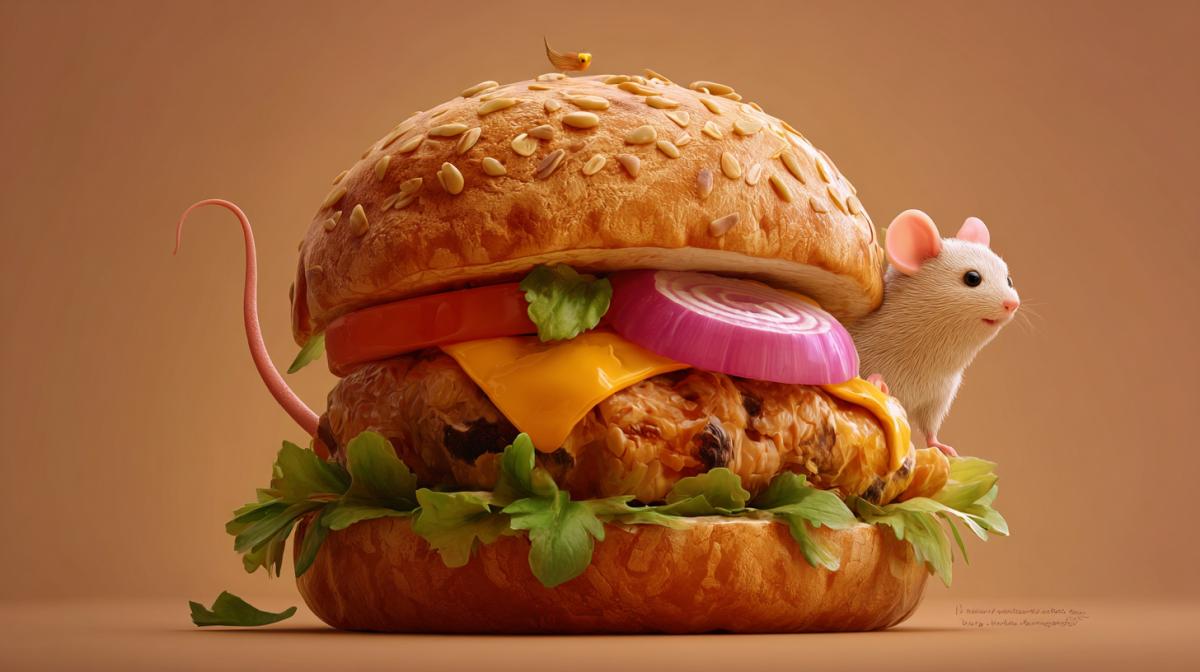Burger with mouse instead of filling caricature